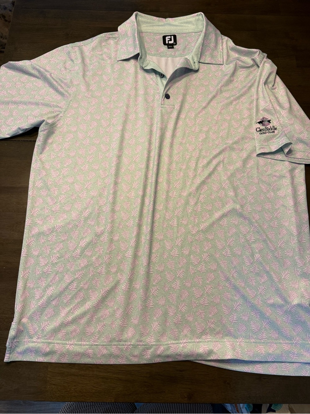 FootJoy Men’s Mint Green Polo with Pink/purple  Leaf Print Glen Riddle golf club